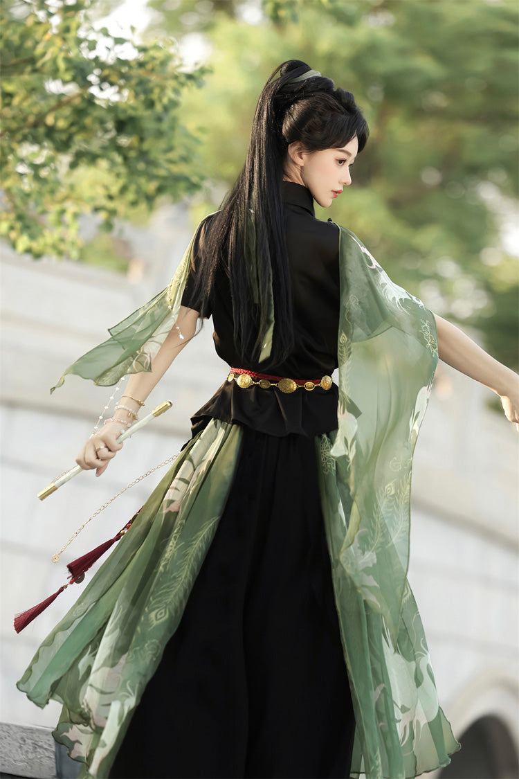 Embroidered Lapel Collar Short Sleeve Wuxia Hanfu Pants Set