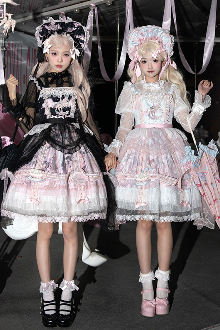 Pink Blue Multi Print Ruffle Bow Lace Sweet Gorgeous Lolita Jsk Dress