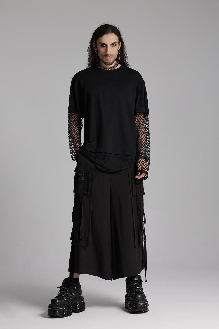 Onyx Crewneck Long-Sleeve Torn Mesh Punk Tee for Men
