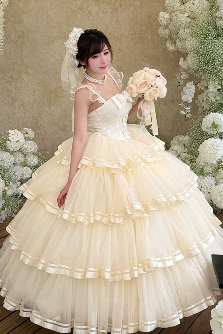 Organza Satin Sleeveless Layered Ruffled Bow Lace Sweet Lolita JSK - Apricot