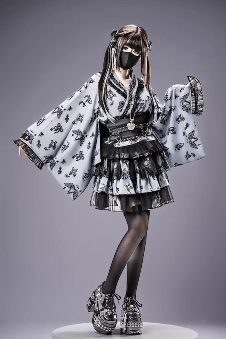 Studded Ruffled Lace Print Gothic Jirai Top and Skirt Set in Three Shades
