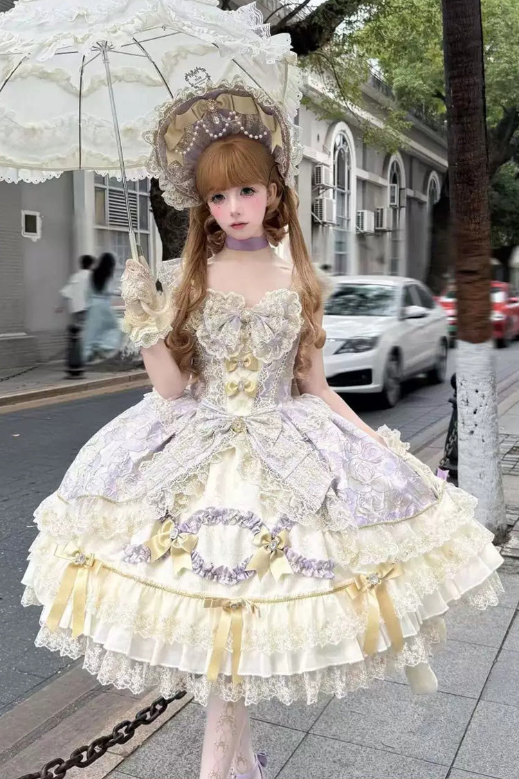 Gilded Waltz Violet Square Collar Sleeveless Embroidered Bow Lace Lolita JSK - Gilded Waltz