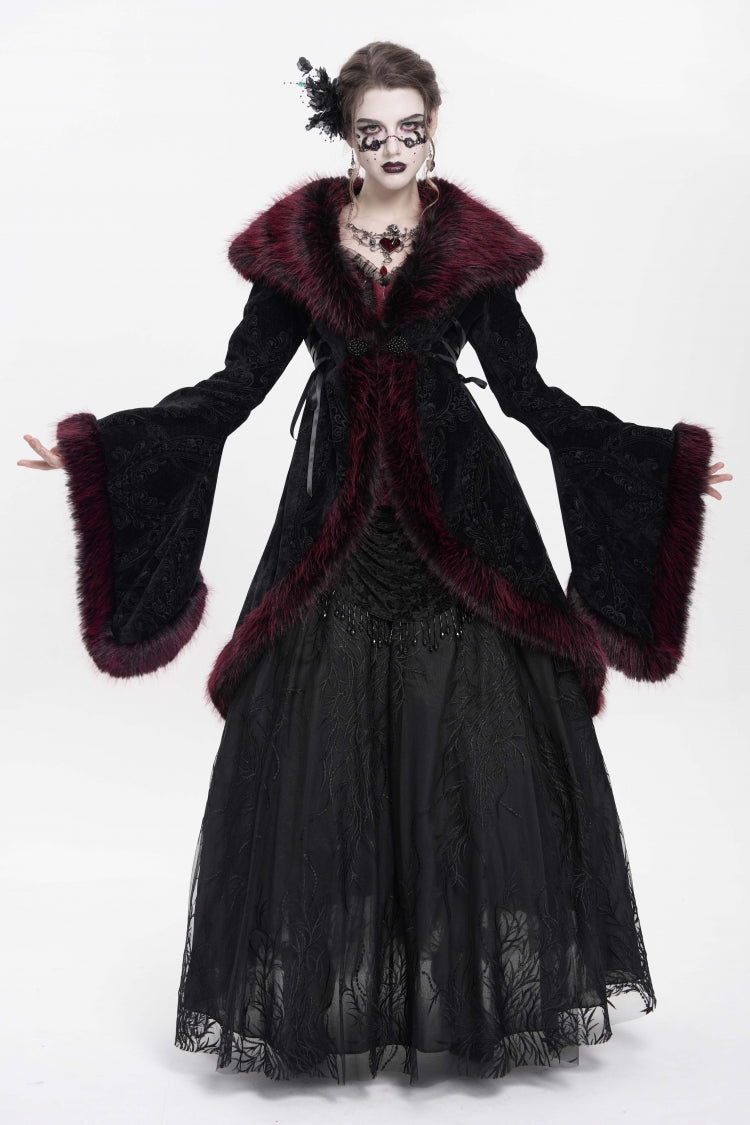 Crimson Floral Embroidered Gothic Fluffy Jacket