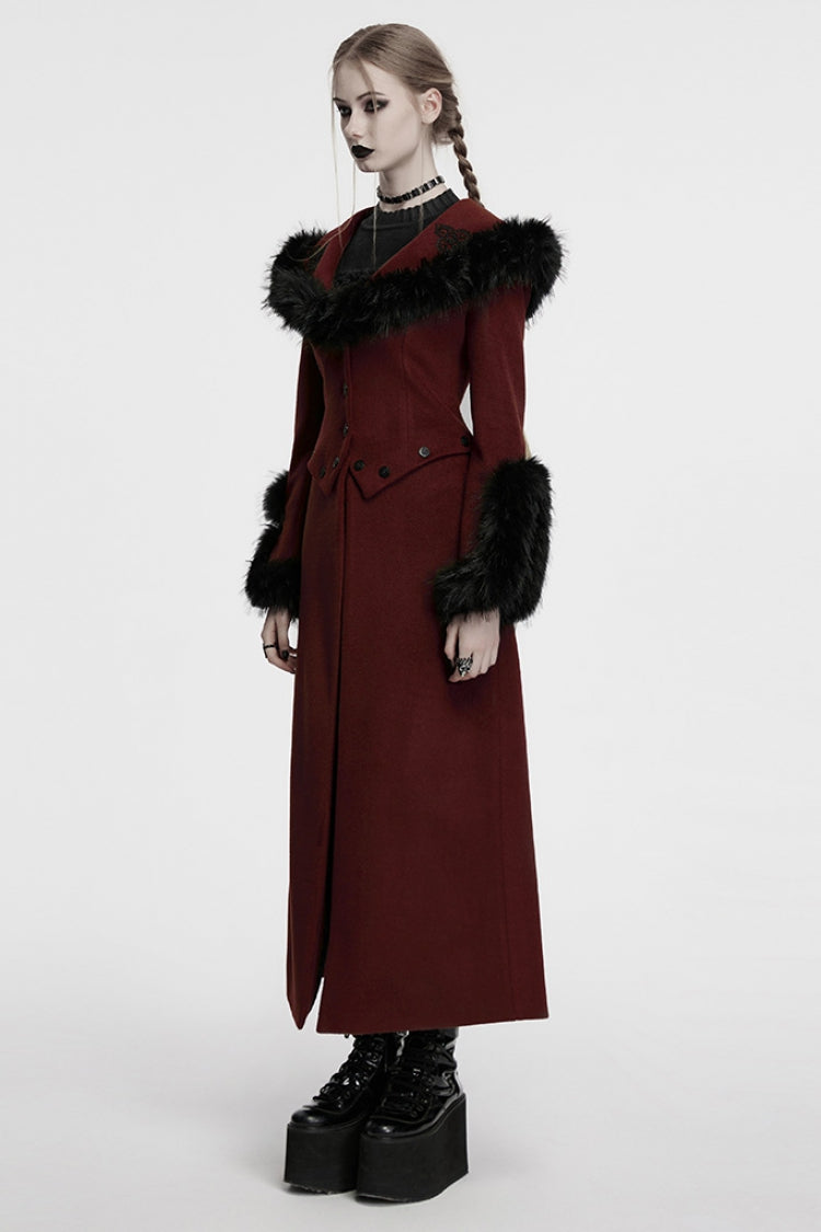 Crimson Faux Fur Lace-Up Detachable Gothic Coat