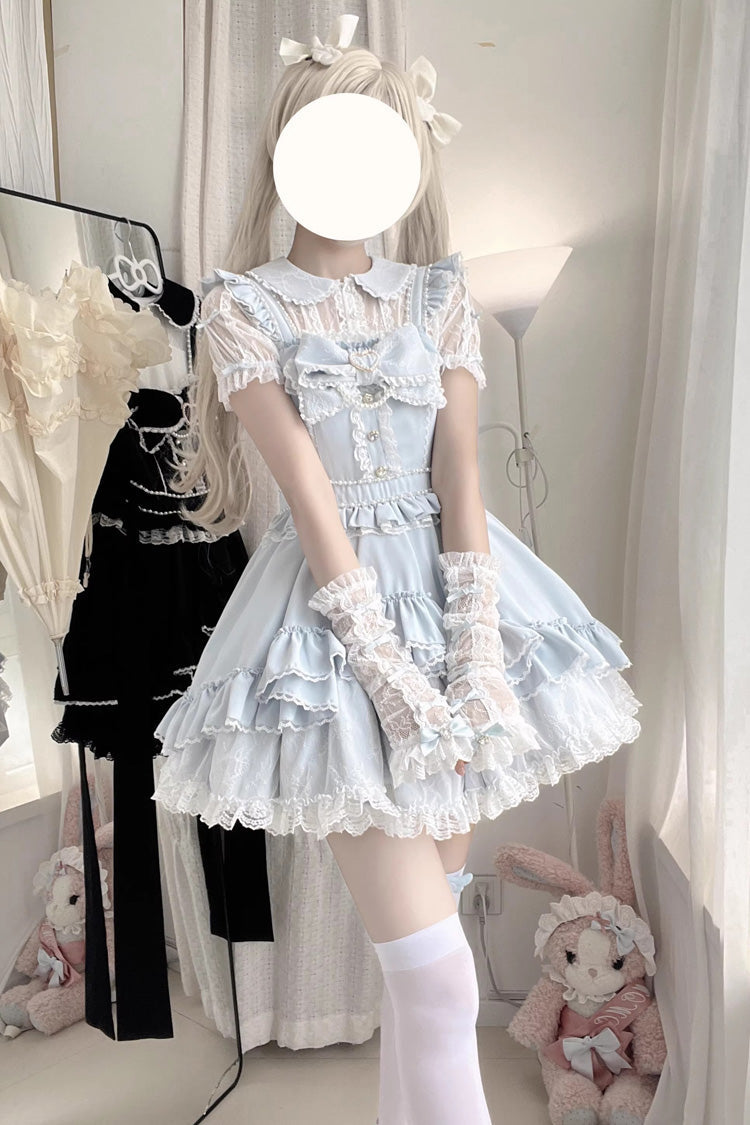 Light Blue Double-Layer Ruffle Bow Lace Sweet Jirai Kei Dress Set