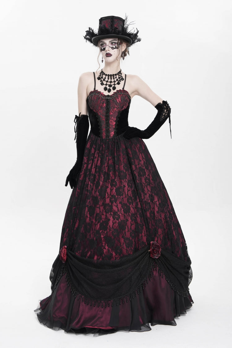 Scarlet Beaded Floral Embroidered Gothic Long Slip Dress