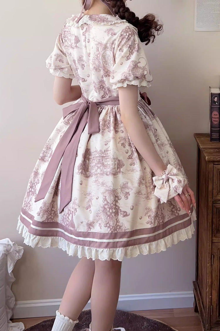 Grape Moon Almanac Short-Sleeve Multi-Layer Printed Ruffled Bow Sweet Lolita Dress