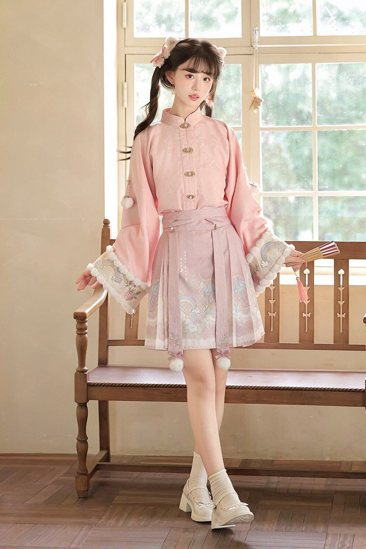 Ivory and Pink Miracle Pony Round Collar Long Sleeve High-Waist Printed Sweet Hanfu Dress Set
