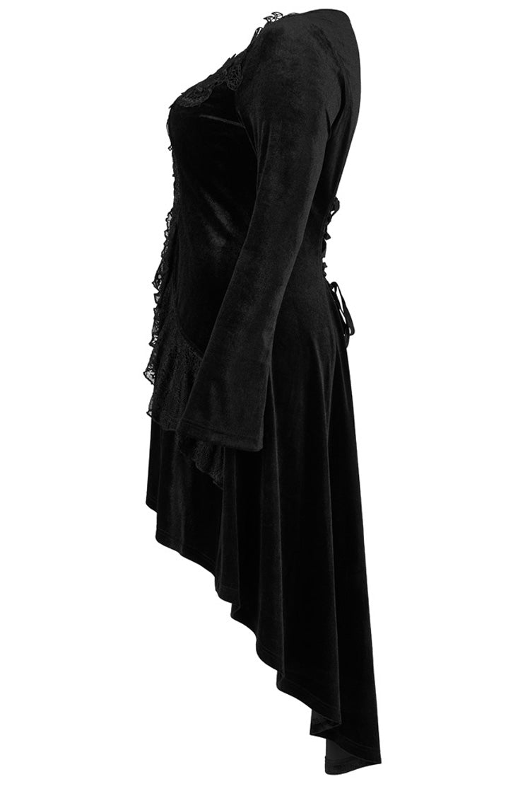 Velvet Fabric Embroidered Jacquard Neckline Irregular Hem Trumpet Sleeve Gothic Dress