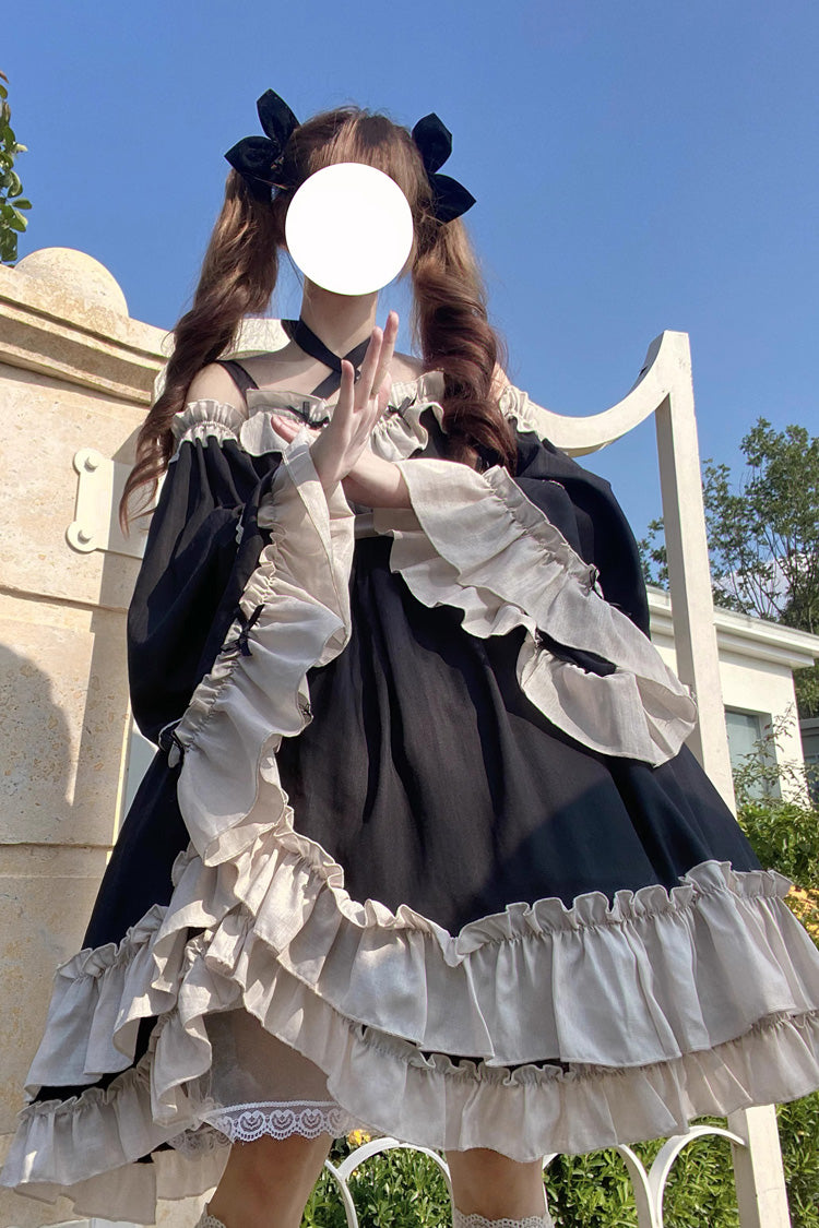 Black High-Waisted Asymmetric JSK Dress with Bowknot