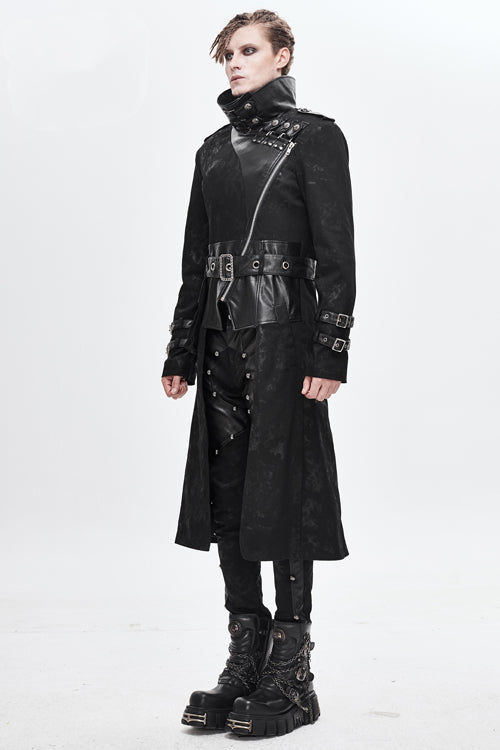 Printed Belted Long Punk Coat with Open Collar