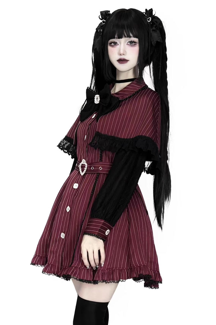 Scarlet Striped Cape Ruffle Lace Gothic Jirai Kei Gown