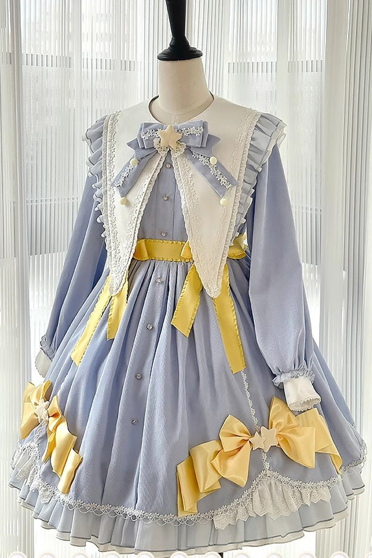 Azure Sleeping-Star Long-Sleeve Sweet Dress with Lace Stitching