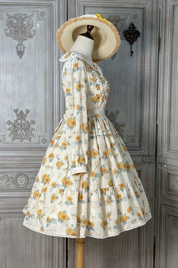 Apricot Sweet Elegant Lolita Dress with Long Sleeves Print Ruffles and Bowknot Accents
