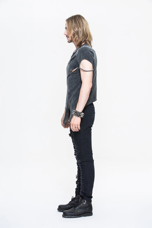 Punk Faded Zip-Up Tee with Rock Motif for Men