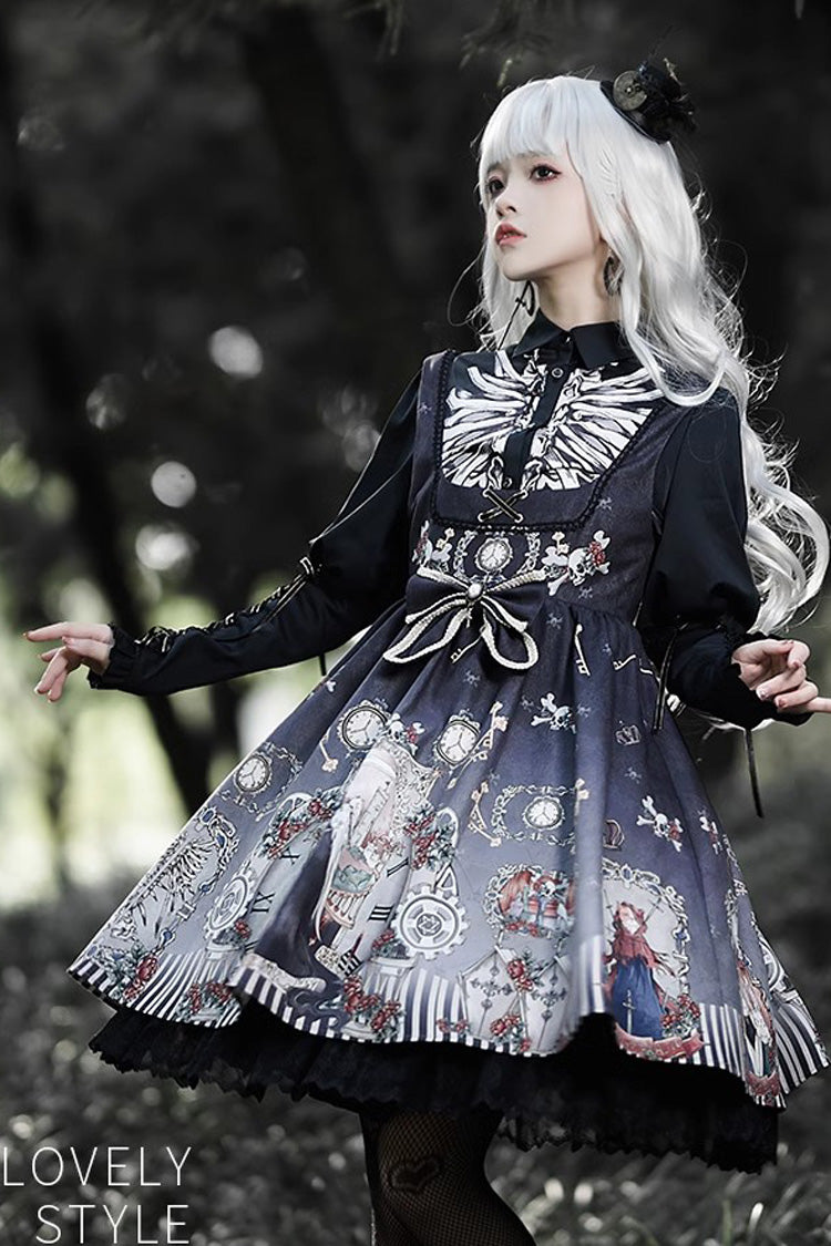 Navy Fairy Tale Print Ruffle Bowknot Gothic Lolita JSK Two-Tone