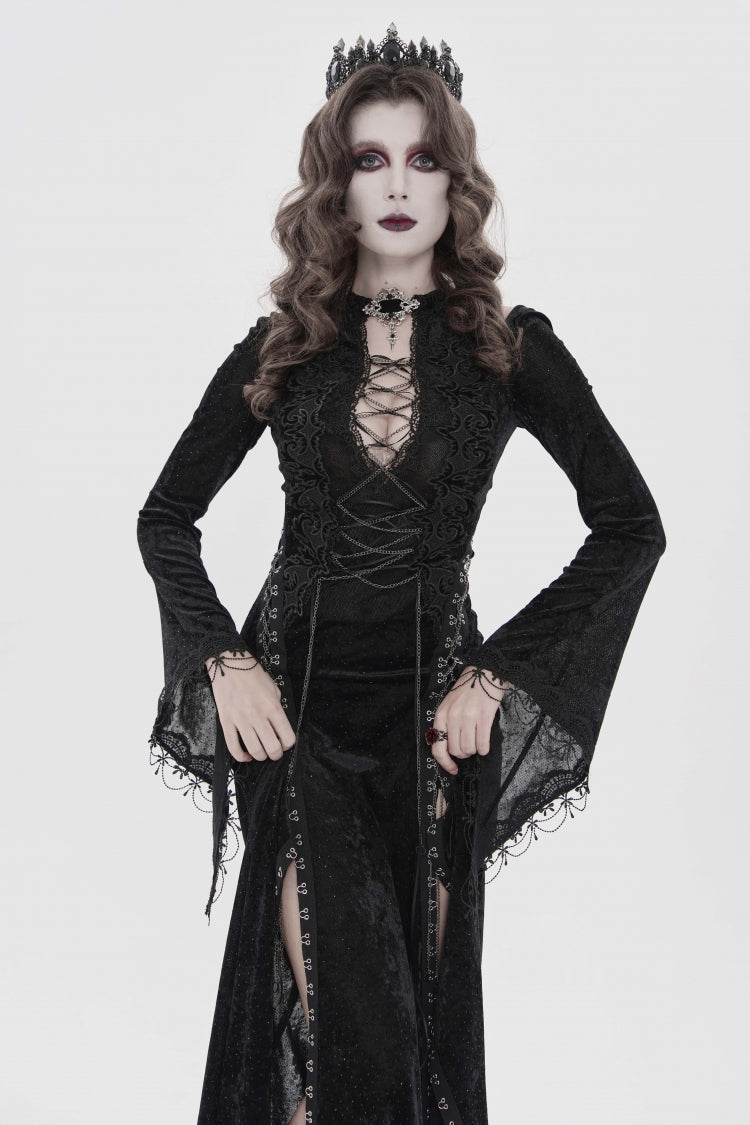Dramatic Black Hanayome Lace Lace-Up Chain-Decorated Trumpet Sleeve Halter Gothic Plunging Split Maxi Gown