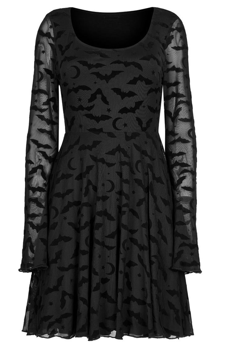 Minimalist Flared Sleeve Bat Moon Flocking Print Long Dress