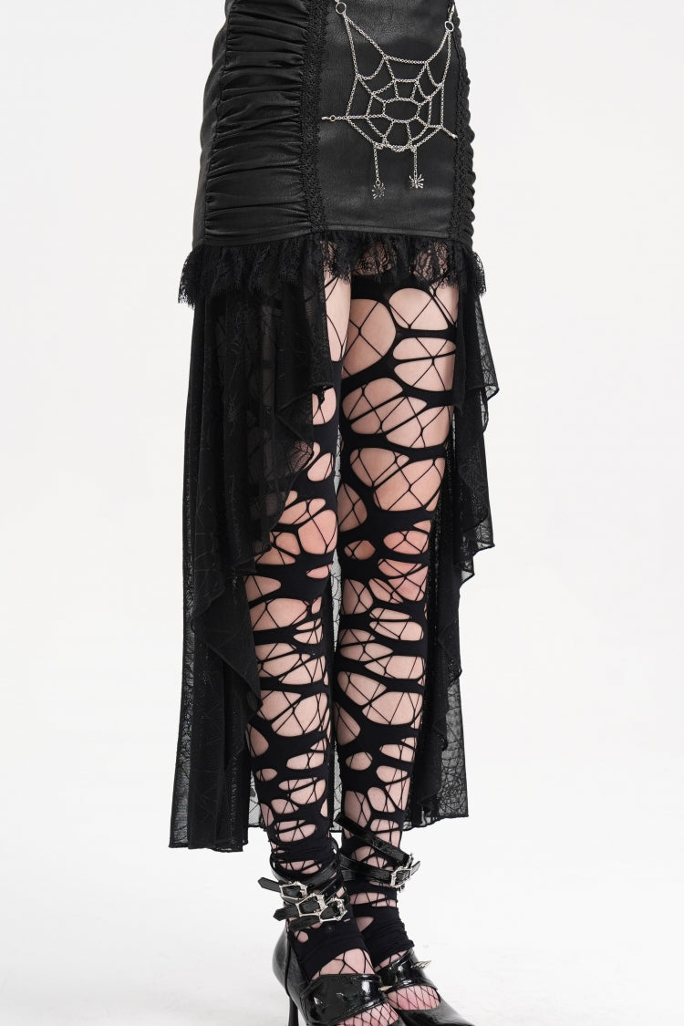 Gothic Skirt with Irregular Hem Lace Chain and Mesh