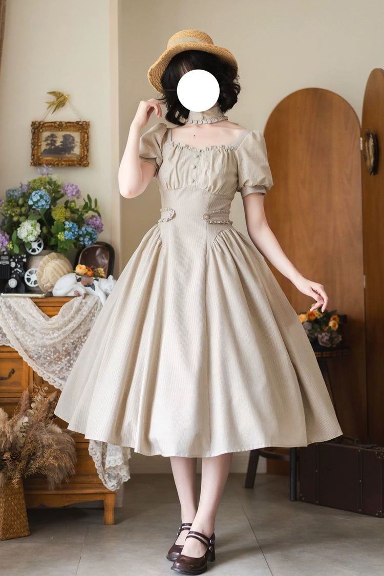 Khaki Square-Collar Ruffled Striped Vintage Dress