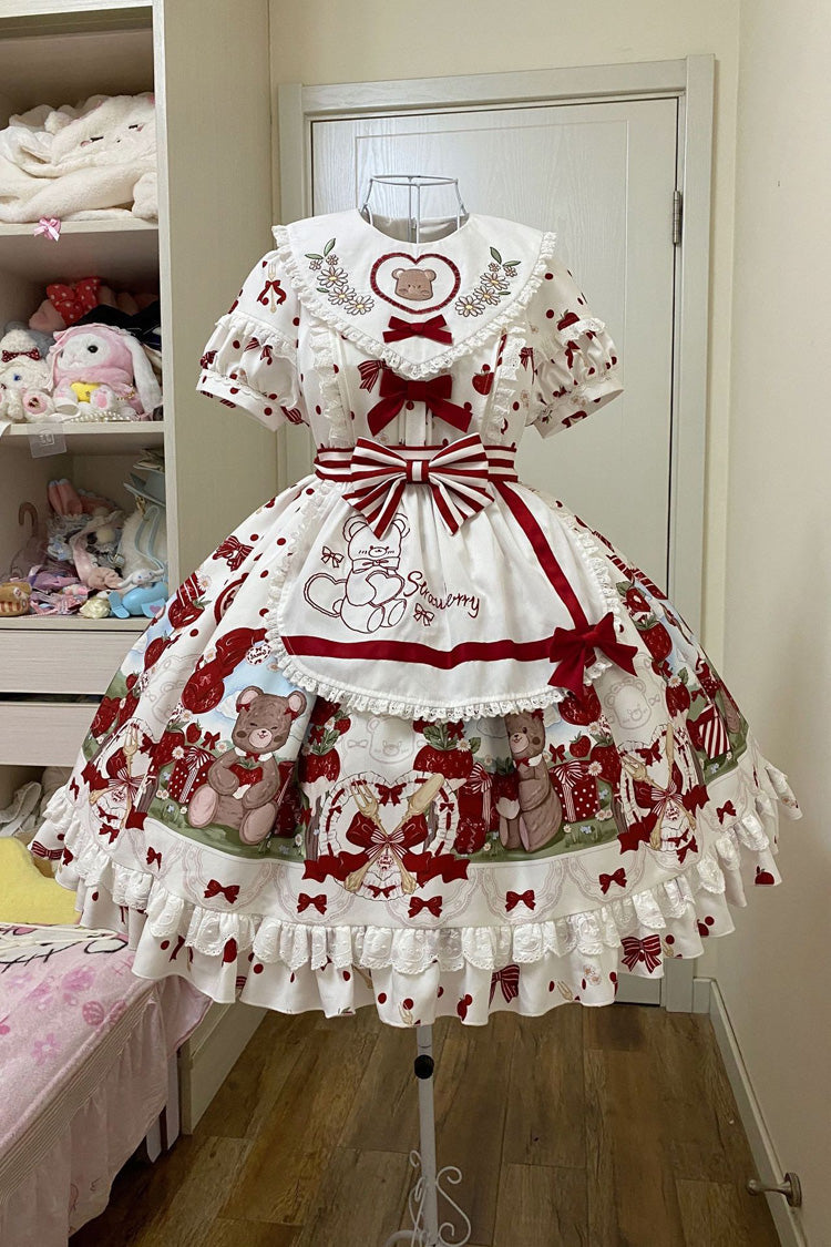 Red White Strawberry Bear Print Ruffle Bow Sweet Plus Lolita Dress