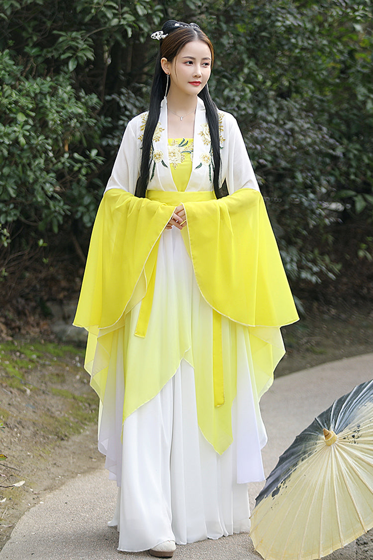 Ivory and Yellow Gradient Embroidery Asymmetric Sweet Hanfu Full Outfit
