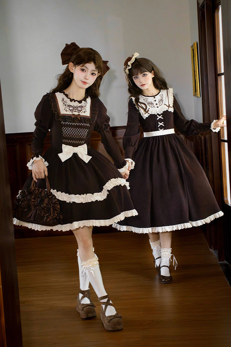 Brown Double-Layered Ruffled Bouquet Embroidered Bow Sweet Lolita Dress - Miss Brown