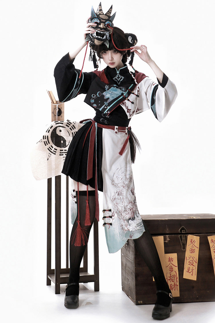 Multi-Color Asymmetric Chinese Ouji Skirt with Demon Print - Walking With The Demon