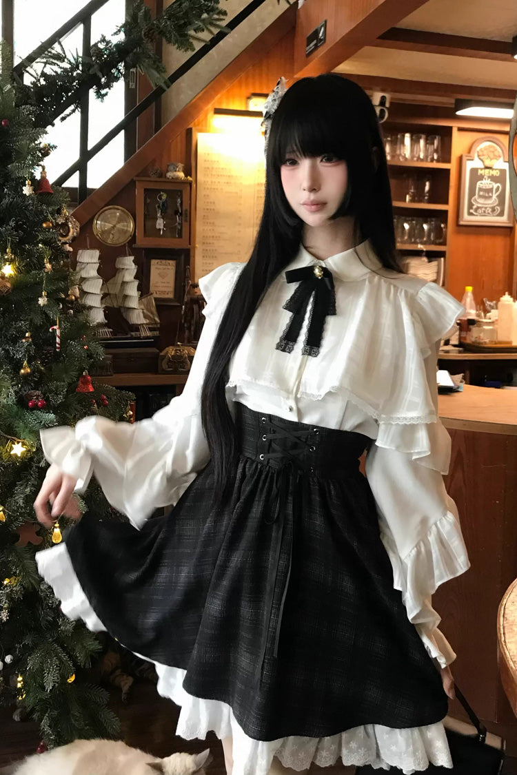 Black/White Long Sleeves Plaid Printed Lace Lace-Up Sweet Jirai Kei Skirt Set