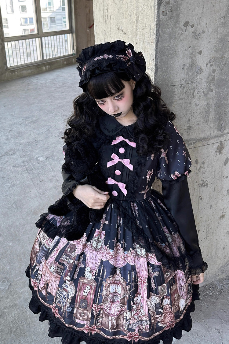 Black Missing Lamb Printed Long Sleeved Ruffled Bow Lace Gothic Lolita Dress