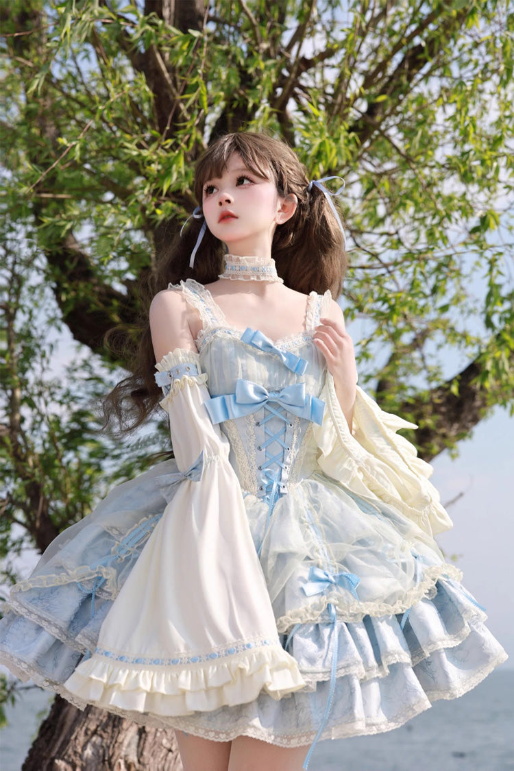 Blue Apricot Sleeveless Multi-Layer Ruffled Lace-Up Sweet Jsk Dress