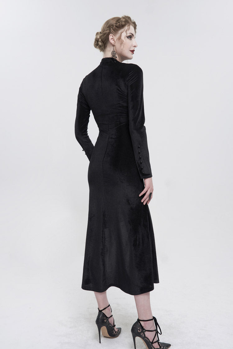 Stand Collar Paisley Lace Mesh Panel Asymmetric Hem Gothic Dress