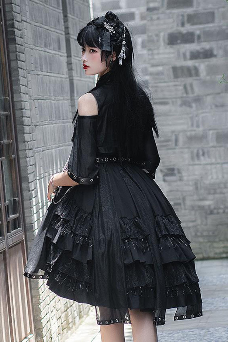 Navy Dragon Print Boatneck Chinese High-Waist Multi-Layer Ruffled Gothic Lolita JSK