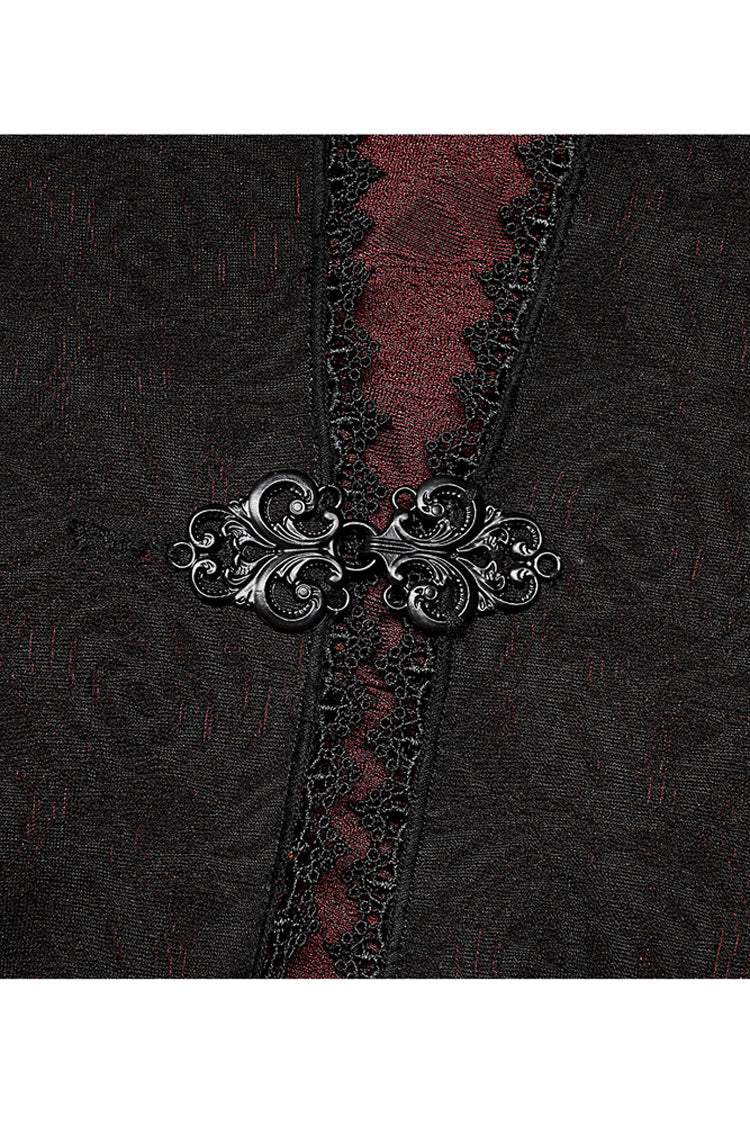 Crimson & Noir Knitted Witch Rose Patterned Gothic Overcoat with Oversized Hood