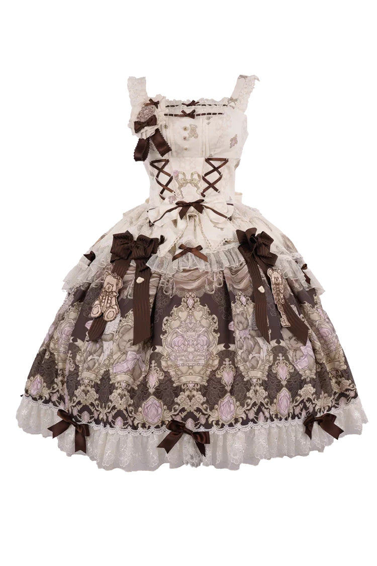 Antique Teddy Bear Sleeveless Print Bow Lace Elegant JSK