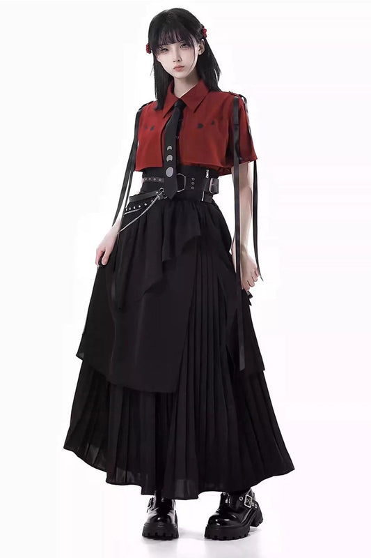 Moonlight Flowing Ruffled Asymmetric Gothic Jirai Kei Skirt Set - Red/Black