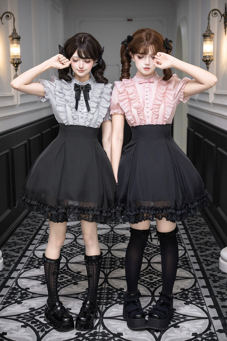 Miss Lola Snow Kiss Stand Collar Short Puff Sleeves Ruffled Color-Blocked Faux Two-Piece Sweet Lolita Dress 3 Colors - Black