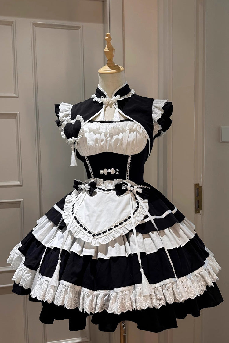 Black White Multi-Layered Ruffled Sweet Chinese Maid Cheongsam Dress