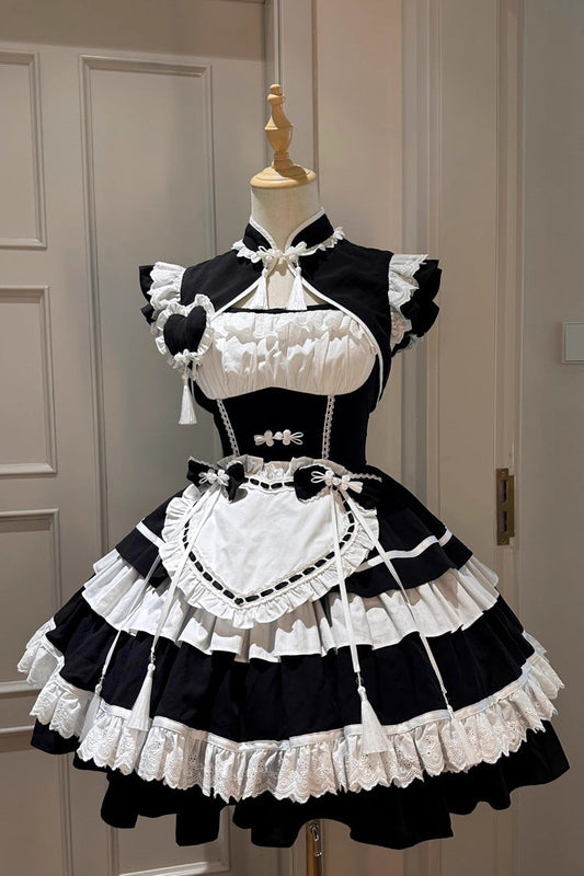 Black White Multi-Layered Ruffled Sweet Chinese Maid Cheongsam Dress