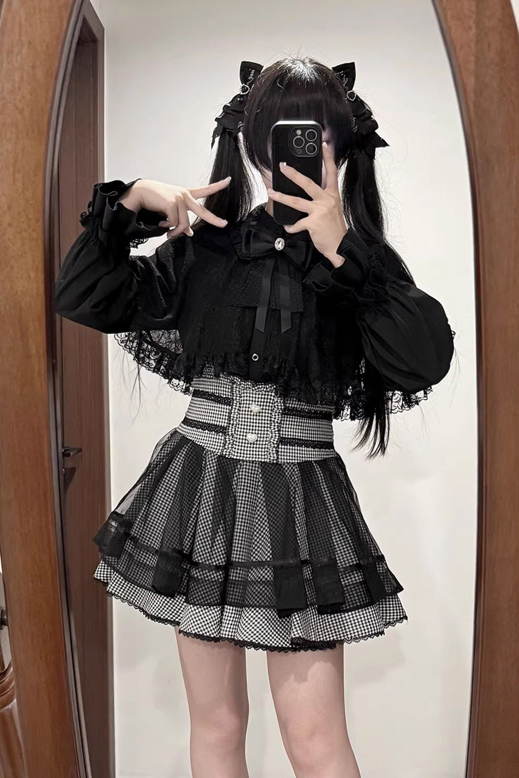 [Law of Disorder] Lapel Collar Long Sleeves Bow Lace Sweet Jirai Kei Skirt and Top 3 Colors