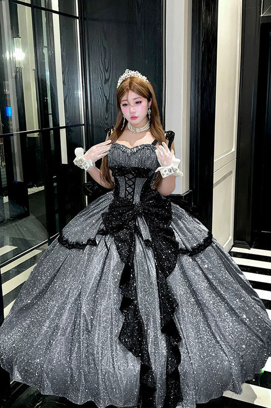 Asymmetric Glitter Bow Jsk Dress - Galaxy of Fallen Tears
