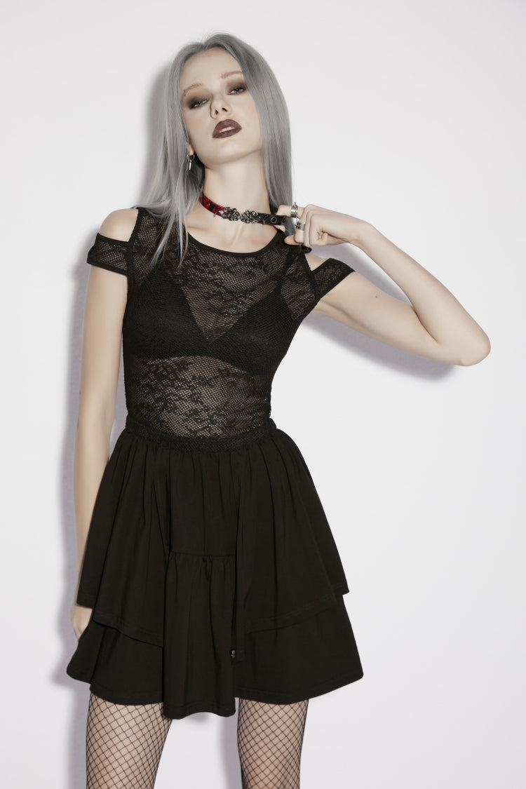 Black Off-Shoulder Multi-Layer Cut-Out Spliced Mesh Eyelet Gothic Dress
