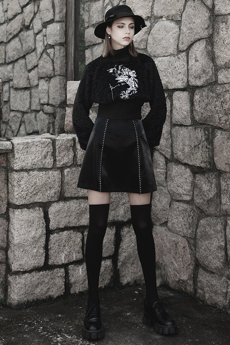 Leather Punk Skirt with Lace Slit and Rivet Trim