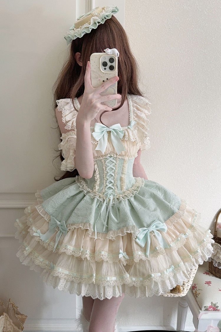 Double-Layered Ruffle Lace Bowknot Sweet Ballet Green Jsk Dress - Flory Butterfly