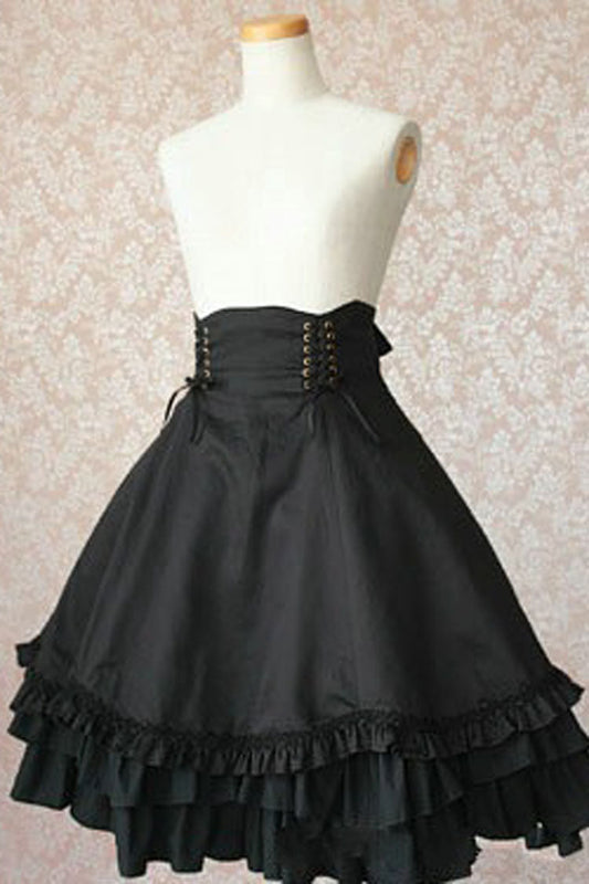 Black High-Waisted Double-Breasted Button Bow Ruffled Multi-Layer Gothic Skirt