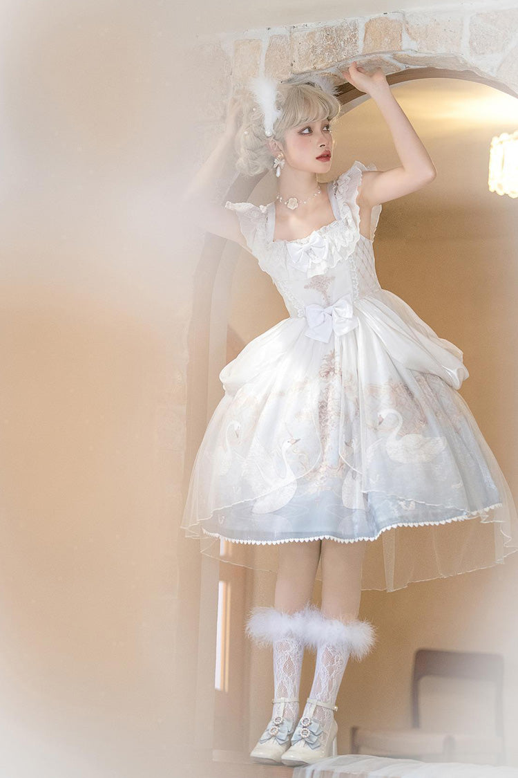 Swan Lake Print Ruffle Bowknot Elegant White Blue Lolita Jsk Dress - Flower and Letter