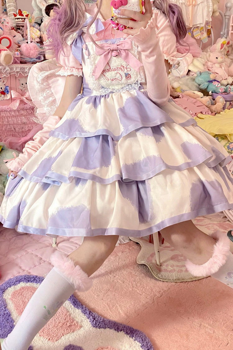 Azure Cow-Print Bowknot Sweet JSK with Triple Ruffles