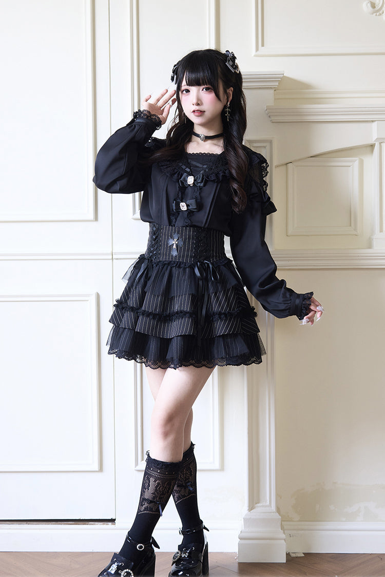 Navy Collar Bowknot Lace Long Sleeve Jirai Blouse in Three Colors
