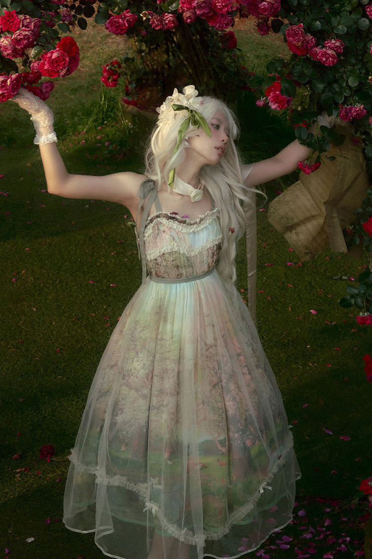 Green Oil Painting Spring Sleeveless Print Ruffle Bow Lace Sweet Jsk Dress