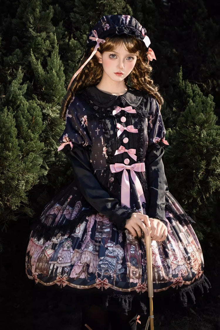 Black Missing Lamb Printed Long Sleeved Ruffled Bow Lace Gothic Lolita Dress